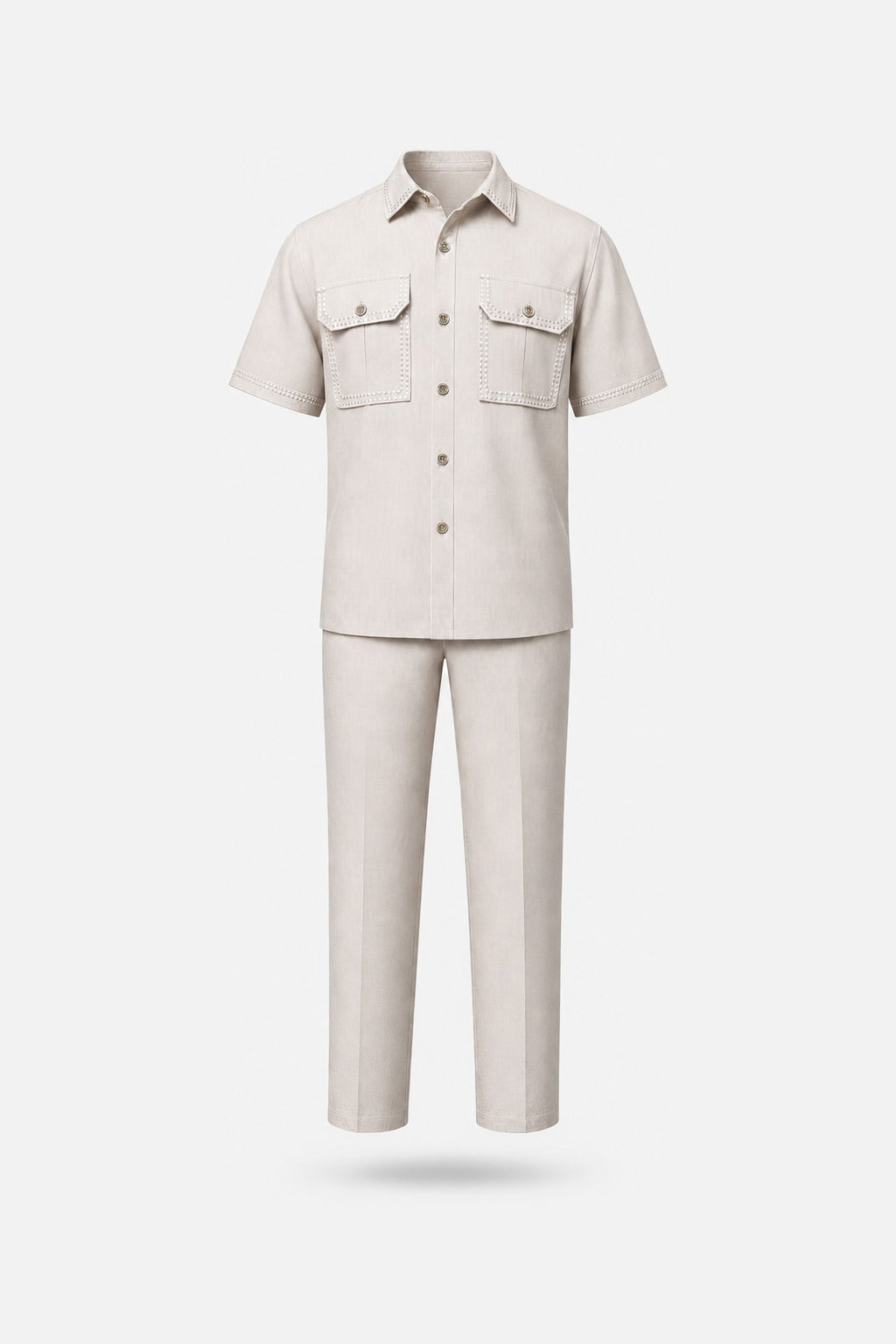 Beige Contrast-Stitch Workwear Two-Piece Set