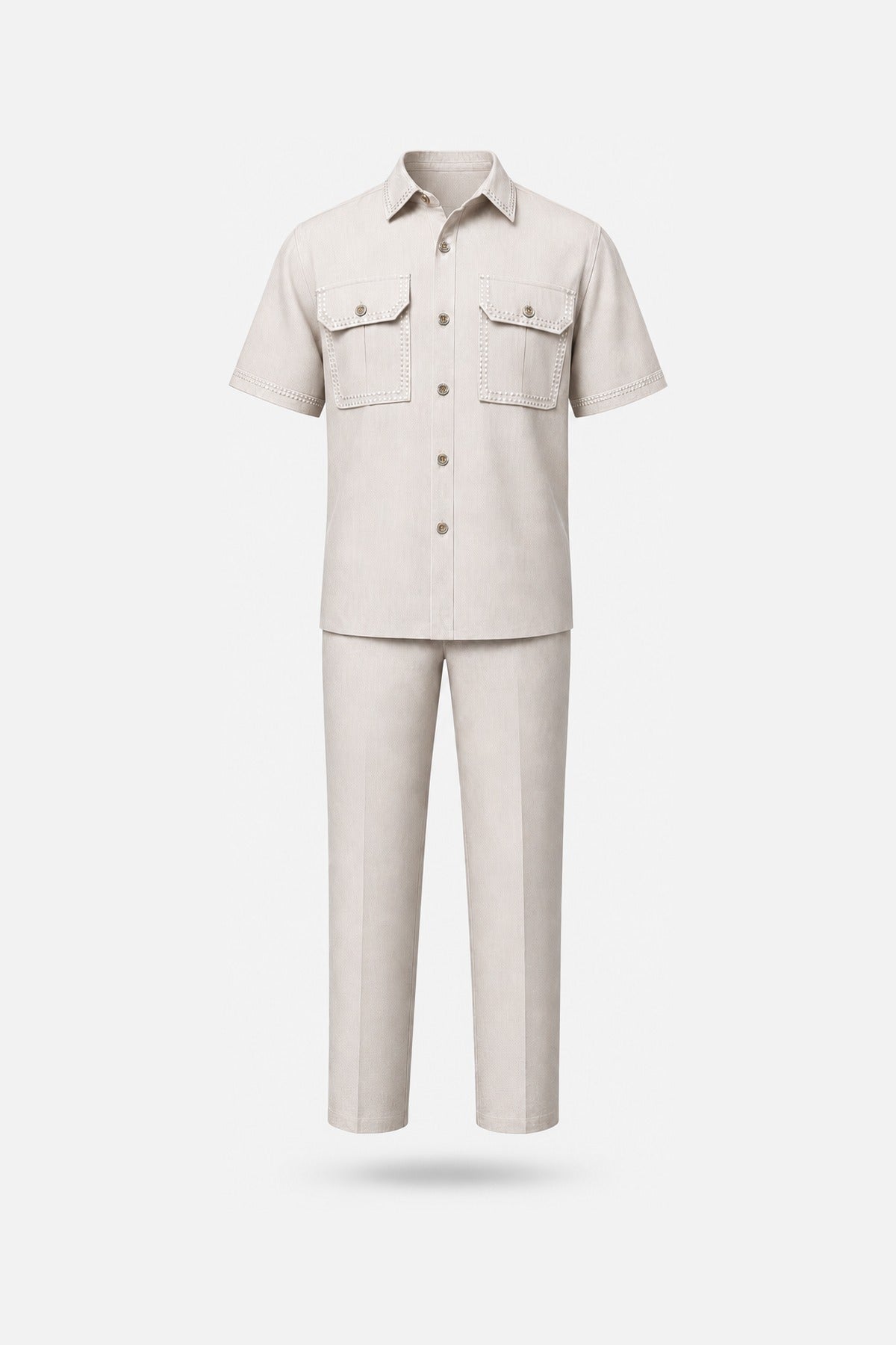 Beige Contrast-Stitch Workwear Two-Piece Set