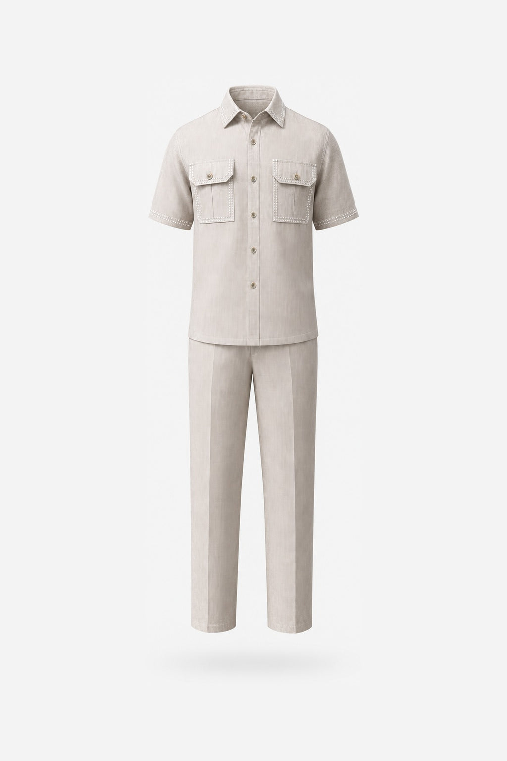 Beige Contrast-Stitch Workwear Two-Piece Set