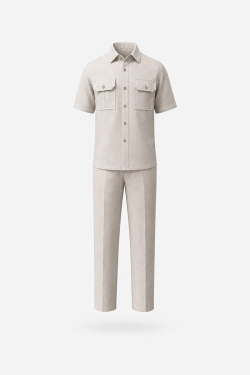 Beige Contrast-Stitch Workwear Two-Piece Set