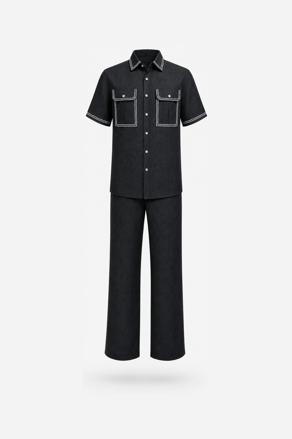 Black Contrast-Stitch Workwear Two-Piece Set