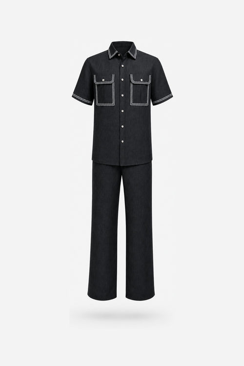 Black Contrast-Stitch Workwear Two-Piece Set