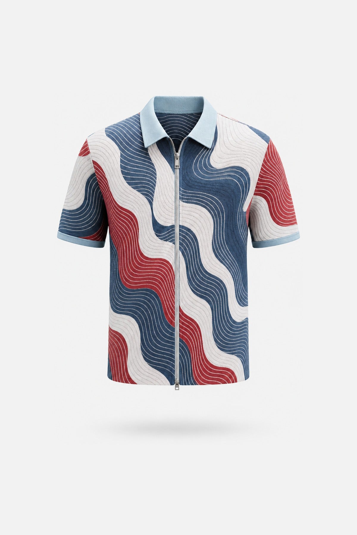 Cream & Blue Wave Print Zip Shirt