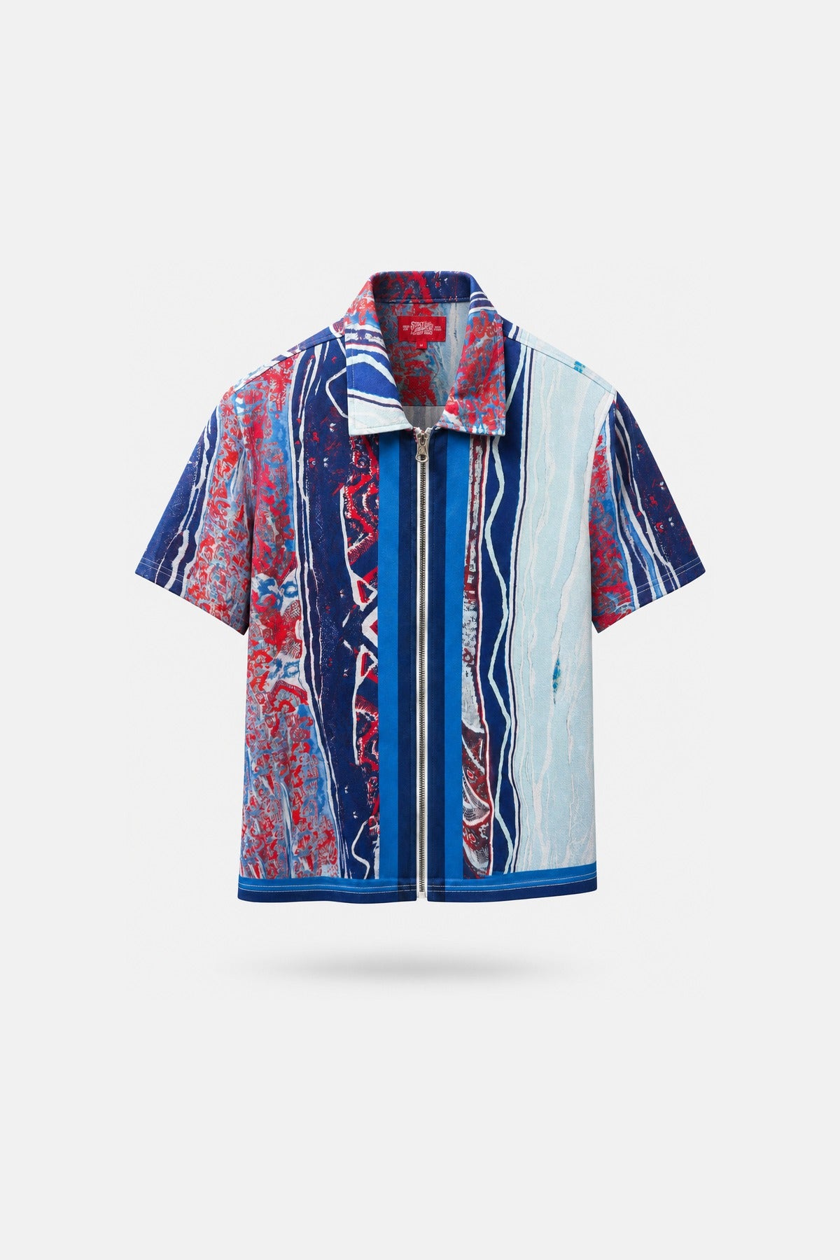 Navy & Red Paisley Print Zip Shirt